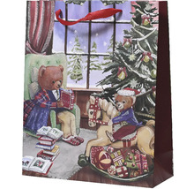 Darčeková taška s motívom medveďa, vianočným stromčekom a darčekmi