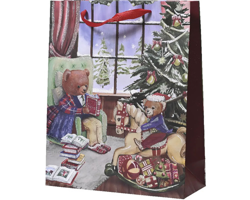 Darčeková taška vianočná 12 x 30 x 42 červená Darčeková taška s motívom medveďa vo vianočnej scéne