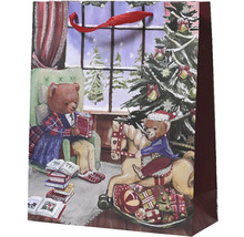 Darčeková taška s motívom medvedíka, vianočného stromčeka a zimnej krajiny