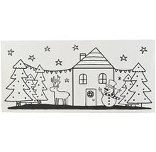 Ilustrácia vianočnej scény s domom, vianočnými stromčekmi, sobom a snehuliakom