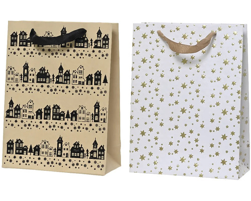 Dve darčekové tašky s rôznymi vzormi: domy a hviezdy.