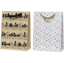 Dve darčekové tašky s rôznymi vzormi: domy a hviezdy.