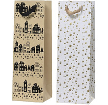 Dve darčekové tašky, jedna s domami a snehovými vločkami, druhá s hviezdami