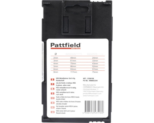 HSS sada vrtákov Pattfield do kovu 6 kusov okrúhly hriadeľ