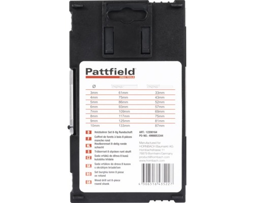 Sada vrtákov do dreva Pattfield 8 kusov s okrúhlym hriadeľom