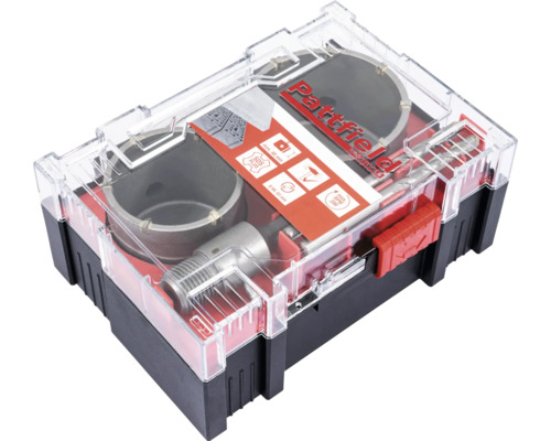 Sada dierovacích píl na dlaždice Pattfield s rôznymi dierovacími pílami a stopkou SDS-Plus v úložnom boxe