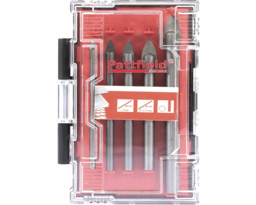 Sada vrtákov na sklo Pattfield rôznych veľkostí v priehľadnom plastovom boxe