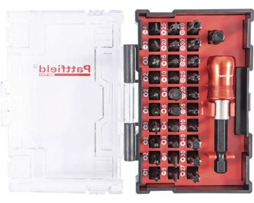 Logo Pattfield. Skrutkovač so sadou bitov v otvorenom puzdre.