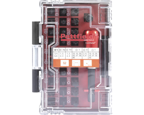 Sada bitov Pattfield s rôznymi skrutkovacími bitmi v priehľadnom úložnom boxe