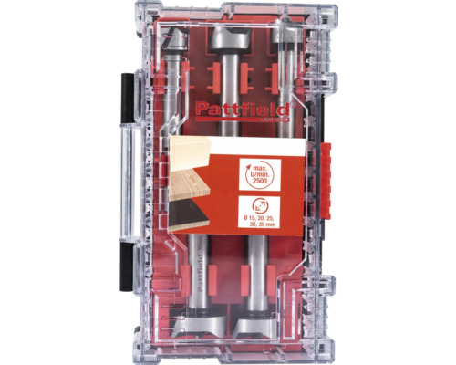 Sada Forstnerových vrtákov Pattfield v priehľadnej krabičke s údajmi o veľkosti.