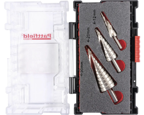 Sada stupňovitých vrtákov s rozmermi 4 až 12 milimetrov, 4 až 20 milimetrov a 4 až 30 milimetrov v plastovom boxe