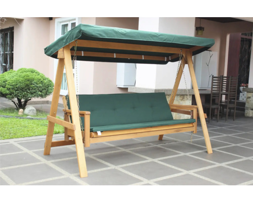 Drevená hojdačka so zeleným sedákom a strieškou do záhrady