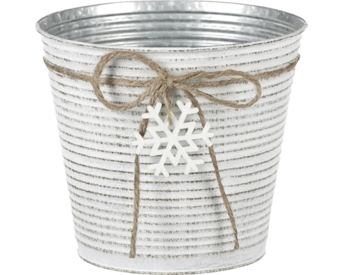 Kovový obal na kvetináč s drevenou vločkou 18x16 cm Dekoratívny kovový vedro so snehovou vločkou a šnúrkou
