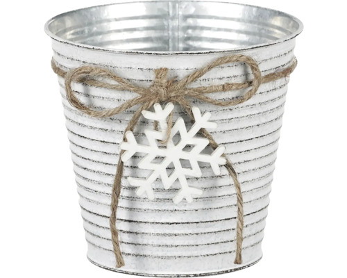 Kovový obal na kvetináč s drevenou vločkou 13x12 cm Dekoratívny kovový vedro so snehovou vločkou a jutovým povrazom