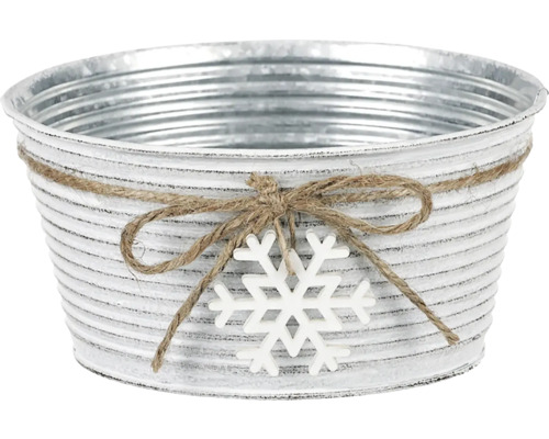 Kovový obal na kvetináč s drevenou vločkou 18x9 cm Dekoratívny kovový vedro so vzorom snehovej vločky a šnúrkou