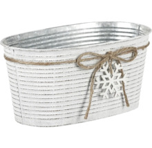 Oválny kovový kvetináč so snehovou vločkou a jutovým povrazom