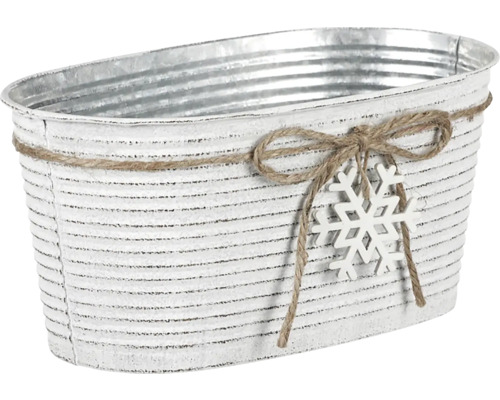 Kovový obal na kvetináč s drevenou vločkou 15x14x12 cm Oválny kovový kvetináč so snehovou vločkou a jutovým povrazom