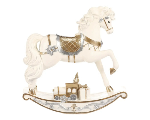 Vianočná figúrka hojdací koník s darčekom polyresin krémovo-zlatý Dekoratívny hojdací kôň s ozdobou vlaku pre vianočné obdobie
