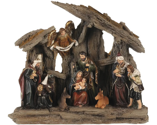 Betlehem s tromi kráľmi a anjelom polyresin s LED osvetlením hnedy Betlehem so Svätou rodinou, kráľmi a anjelmi pod drevenou strechou