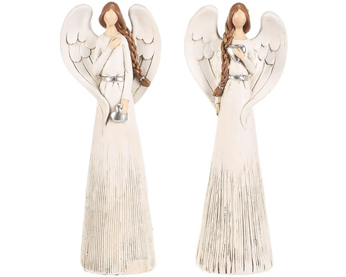 Vianočná figúrka anjelik polyresin 20 cm mix svetlo béžový Dve figúrky anjelov s vrkočmi, srdcom a krídlami ako dekorácia