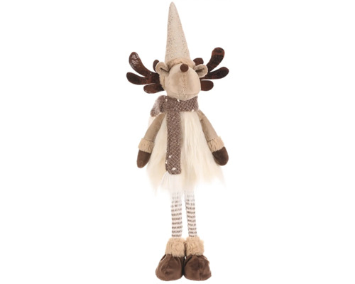 Látková vianočná figúrka sob stojaca béžovo-hnedý Dekoratívna figúrka soba s čiapkou a šálom