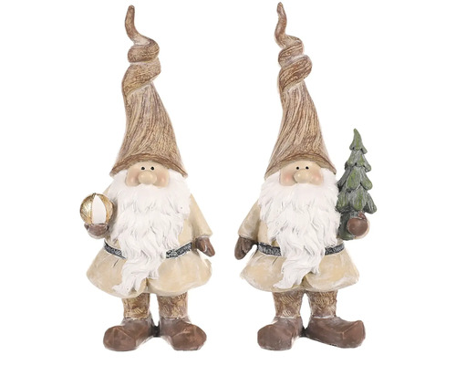 Škriatok so stromčekom či guľou - väčší, polyresin, mix 2 druhov, cena za 1 ks. Dve figúrky trpaslíkov s čiapkou a bradou, jedna drží loptu, druhá vianočný stromček.