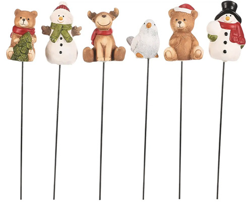 Vianočná figúrka zápich mix 6 druhov 1 ks Šesť záhradných zapichovacích kolíkov so zimnými motívmi: medveď so stromom, snehuliak, sob, vták, medveď, snehuliak