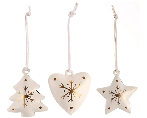 Vianočná dekorácia srdce kovové mix 3 druhov Dekoratívne ozdoby na vianočný stromček, sada troch figúrok: vianočný stromček, srdce a hviezda