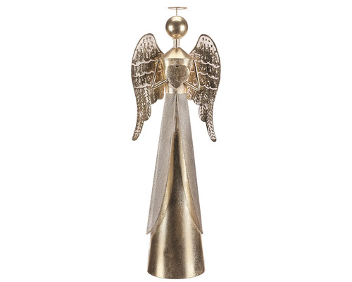 Dekoratívna zlatá kovová figúrka anjela so svätožiarou a krídlami ako vianočná dekorácia