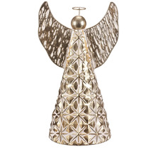 Dekoratívny anjel z kovu s geometrickým vzorom ako vianočná dekorácia