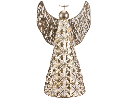 Dekoratívny anjel z kovu s geometrickým vzorom ako vianočná dekorácia