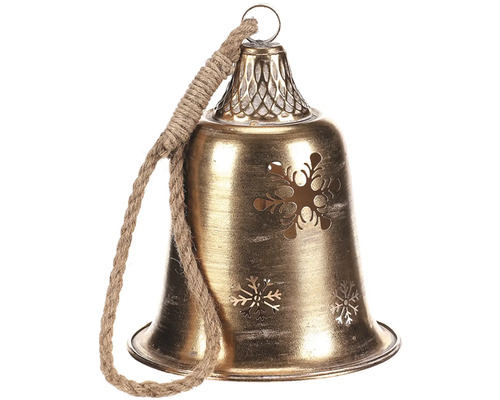 Závesný kovový zvonček na povrázku zlatý Zvonček so závesom na povrázku a vzorom snehovej vločky