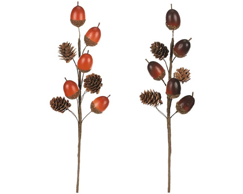 Umelá vianočná vetvička s žaluďmi a šišky mix 2 druhov cena za 1 ks Dve dekoratívne vetvy s umelými žaluďmi a šiškami