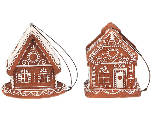 Vianočný domček perníkový závesný z polyresín s LED mix druhov 1 ks Dva perníkové domčeky s bielou polevou