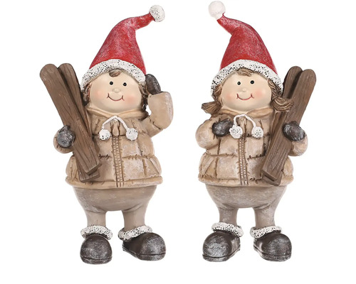 Dve lyžiarske figúrky s čiapkou a lyžami ako dekorácia