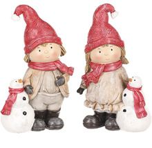 Dve ozdobné postavy detí s čiapkami a šálmi vedľa snehuliakov