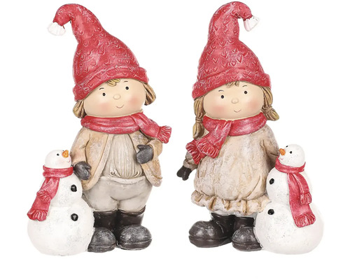 Vianočná figúrka dieťa so snehuliakom polyresin červená mix druhov 1 ks Dve ozdobné postavy detí s čiapkami a šálmi vedľa snehuliakov