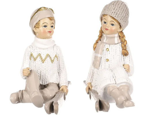 Vianočné figúrky chlapca a dievčatá s lyžami sediaci polyresin béžová 1 ks Dekoratívne zimné figúrky, chlapec a dievča na saniach