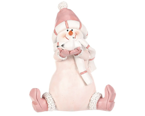 Vianočná figúrka sediaci snehuliak polyresiová ružový oblečok a čiapočka Dekoratívna figúrka Snehuliak s čiapkou a vtáčikom