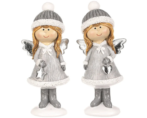 Vianočné figúrka dievčatá polyresin šedý oblečok a čiapočka mix druhov 1 ks Dve figúrky anjelov s čiapkami, krídlami a zimným oblečením