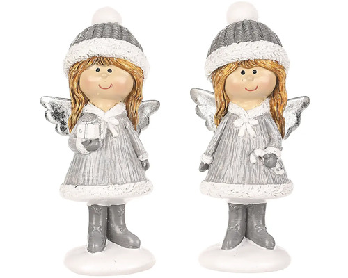 Vianočná figúrka dievčatá polyresin šedý oblečok a čiapočka mix druhov 1 ks Dve figúrky anjelov s čiapkami ako vianočná dekorácia