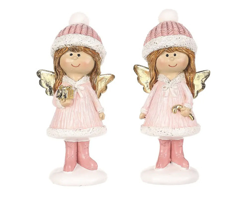 Vianočná figúrka dievčatá polyresin ružový oblečok a čiapočka mix druhov 1 ks Dve figúrky anjelov s darčekom a cukrovou trstinou na Vianoce