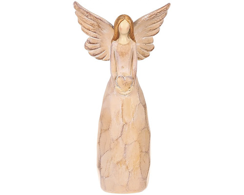 Vianočná figúrka anjelik so zlatým srdcom polyresin imitácia dreva béžový Dekoratívna anjelská figúrka so srdcom