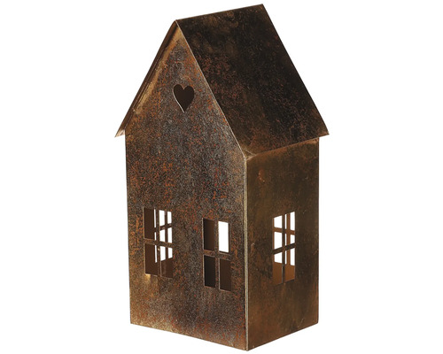 Svietnik kovový domček 18x15x35 cm 1/3 najväčší Dekoratívny dom z kovu so srdcom a okennými otvormi