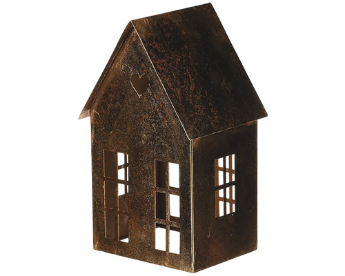 Svietnik kovový domček 14x12x24 cm 1/3 najväčší Dekoratívny svietnik v tvare domu z kovu so srdcom