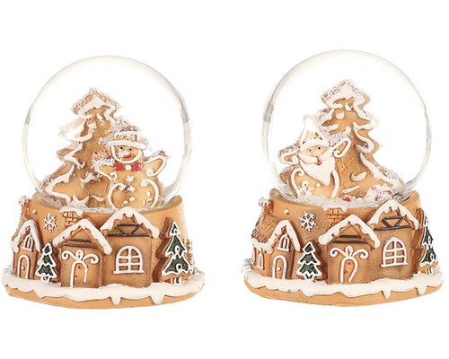 Snežítko na perníkových domčekoch polyresin mix 2 druhov cena za 1 ks Dve snehové gule s medovníkovým domčekom a medovníkovými figúrkami