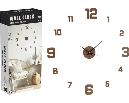 Nástenné hodiny na vlastné navrhnutie s tmavým dreveným vzhľadom a obalom.