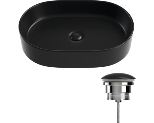 Čierne keramické umývadlo na dosku s odtokovou armatúrou