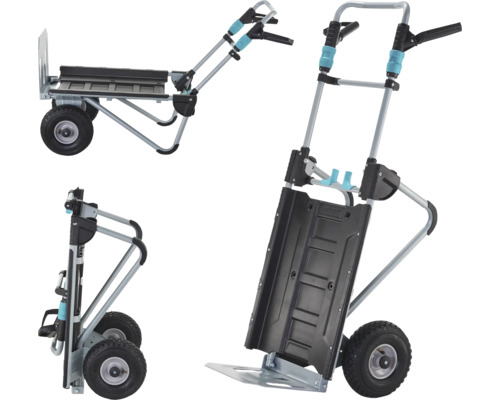 Viacúčelový vozík v rôznych polohách, užitočný na prepravu nákladov v Hornbachu.