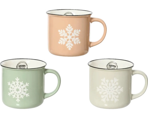 Tri keramické hrnčeky so vzorom snehových vločiek pre kuchynské potreby